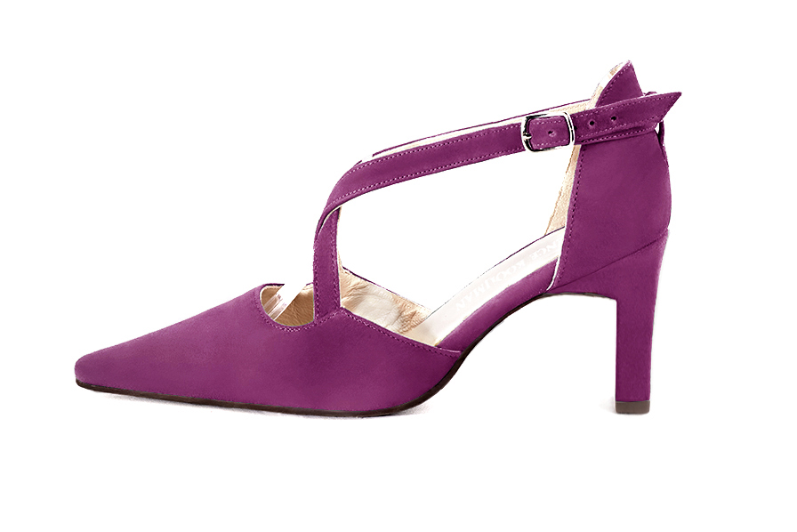 Mulberry purple open side elegant shoes, with crossed straps. Tapered toe. High comma heels. - Florence KOOIJMAN